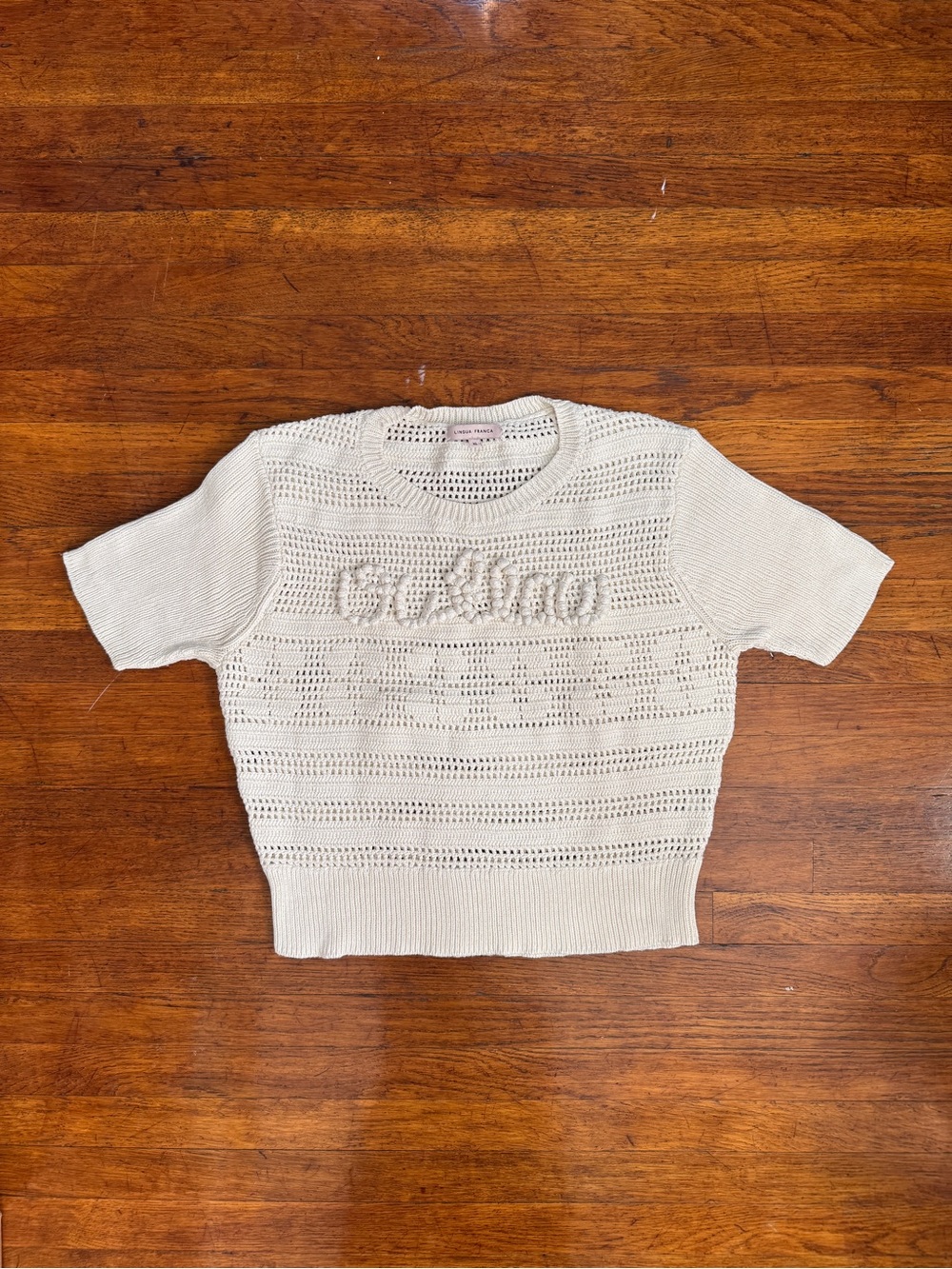 Lingua Franca Cream Knit “Outlaw” Short-Sleeve Sweater Top